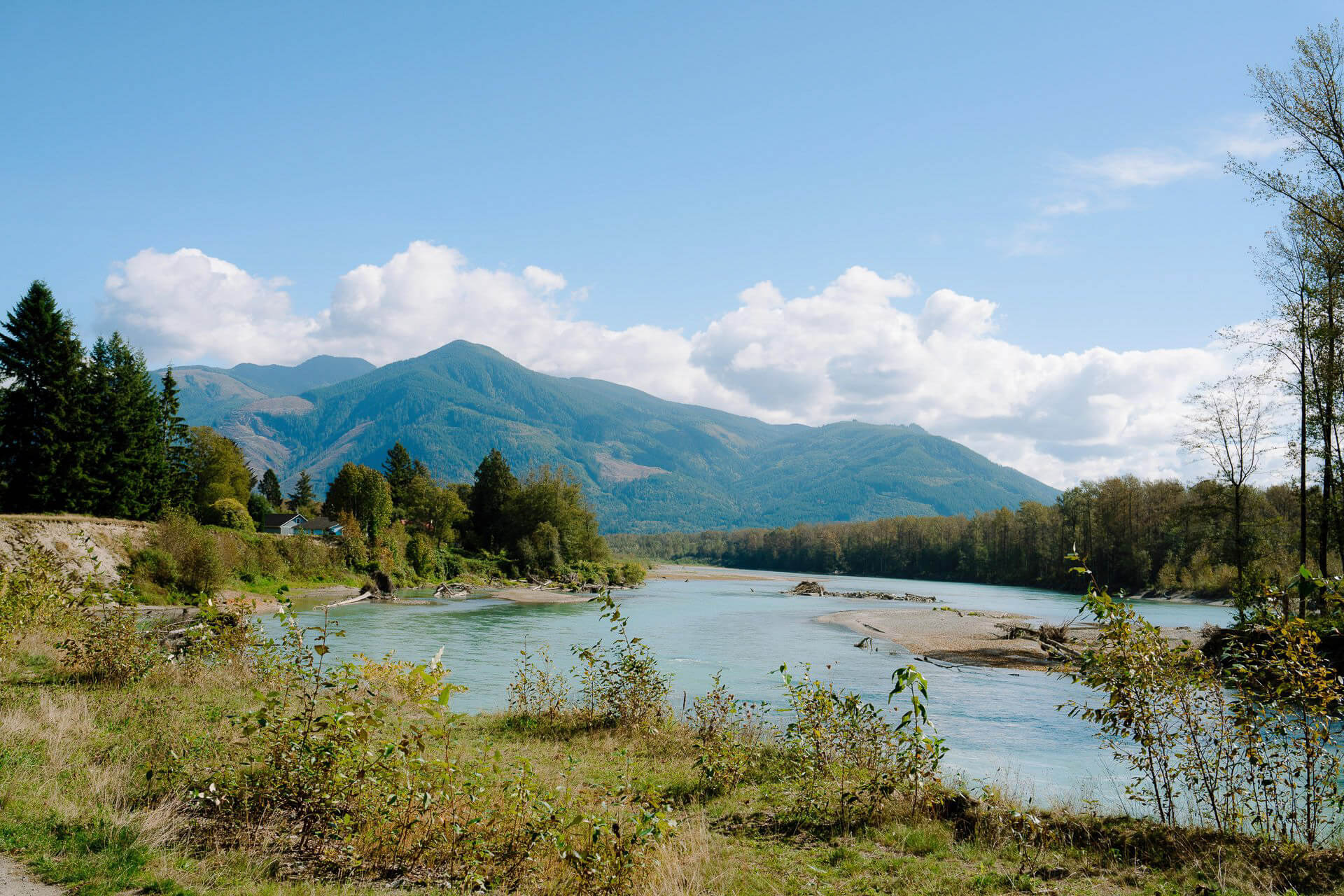 Photo of the Skagit River with foothills in the background